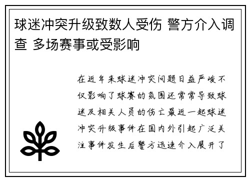 球迷冲突升级致数人受伤 警方介入调查 多场赛事或受影响