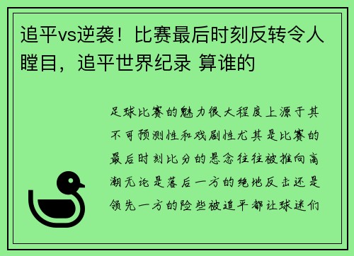 追平vs逆袭!比赛最后时刻反转令人瞠目,追平世界纪录 算谁的
