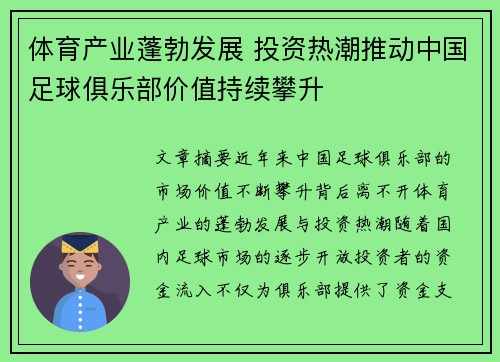 体育产业蓬勃发展 投资热潮推动中国足球俱乐部价值持续攀升