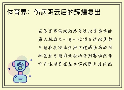 体育界：伤病阴云后的辉煌复出